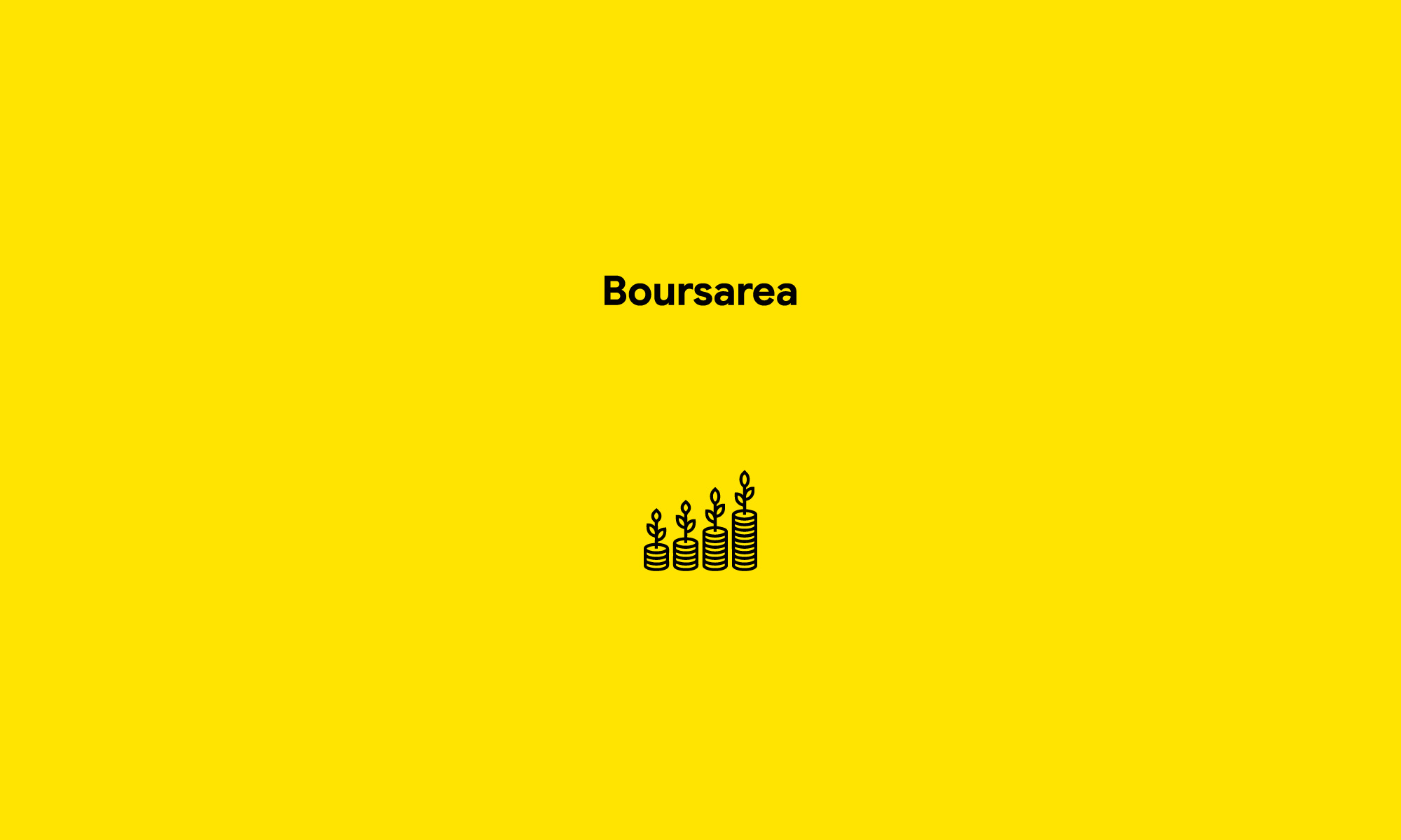 Fond jaune avec le mot "Boursarea" en haut et un graphique de trois piles de pièces ascendantes avec des plantes qui poussent.